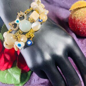 Evil Eye Charm, Agate, Magnesite, Shell & Riverstone Bracelet/Earring Set
